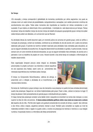 Do Tempo


-Em educação, o tempo corresponde à globalidade de momentos constituídos por vários segmentos, nos quais as
crianças vivem um vasto número de possibilidades, comportamentos e sensações, com caráter previsível e contínuo de
acontecimentos e/ou ações. Todos estes momentos são importantes se inseridos em rotinas consistentes e com
sucessão. O que implica um determinado ritmo e periodicidade. A atividade da sala desenvolve-se por tempos. Tempo
de planear; tempo de trabalhar; tempo de arrumar; tempo de trabalho de pequeno grupo/grande grupo e tempo de avaliar
(estes tempos podem ser alterados, um curriculo tem que ser flexível).


As atividades letivas da manhã decorrem após um momento prévio de conversa em grande grupo, onde se verifica a
marcação de presenças, contam-se novidades, combinam-se as atividades do dia (de acordo com o plano da semana
elaborado pelo grupo). O período da manhã é também reservado para atividades mais orientadas pela educadora, ao
que se seguem atividades de escolha livre. Ás segunda desenvolvem-se atividades no ginásio. A parte da tarde, inicia-se
sempre com um curto momento de leitura/conto/poesia, ao que se seguem atividades mais orientadas, de acordo com o
planeado e com os trabalhos de projeto em curso. Haverá durante o dia ainda tempo de avaliação e reformulação do
trabalho desenvolvido.

Esta organização temporal procura ainda integrar as atividades
preconizadas no projeto curricular e as inerentes à natural sequência
do ano (sazonais e/ou festas), assim como as         provenientes dos
interesses espontâneos e/ou manifestos pelas crianças.

O tempo na Componente Sócio-Educativa, valência de almoço, é
preenchido com a refeição e atividades de ar livre/informais e de
natureza lúdica (recreio).


No tempo de Acolhimento o grupo começa o seu dia marcando a sua presença no quadro de duas entradas,denominado
quadro das presenças. Seguem-se as rotinas implementadas pelo grupo. Fazer a data, ,colocar os bancos no lugar. O
tempo de planear é feito semanalmente em grande grupo e individualmente por projetos.
O mapa mensal das presenças consiste numa tabela onde à esquerda se encontram os nomes das crianças e a zona
superior os dias do mês e da semana . O aluno coloca símbolos gráficos onde o seu nome se cruza com a coluna
                                                              D IA                    Areas                                          Ativ
do respetivo dia do mês.. Permite este registo uma gradual compreensão do conceito do tempo, a apartir das vivências
                                                           quarta                  Motricidade                   Atividades no exterior es
e dos ritmos: antes e depois, sequência semanal, mensal e anual. Também para consolidar as noções ao nível da interior -
                                                                              9h30-                        e no                         Jo

matemática também é feito o registo no quadro verde ,o número de presenças de meninas e meninos e a         sua relação
                                                                                                             técnicas de equilibrio,relax
                                                                                     10h30
numérica. A expressão motora e a informática são feitas semanalmente
                                                                                                          Exterior- campo de Jogos

                                                                                    Desporto



                                                         28


                                                                                                    Atividades de intencionalidade educa
                                                                                                    pesquisas individuais
 