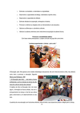 o    Estimular a curiosidade, a criatividade e a originalidade;

             o    Desenvolver a capacidades de diálogo, criatividade e espírito crítico;

             o    Desenvolver a capacidade de reflexão;

             o    Estimular atitudes de cooperação, entreajuda e iniciativa;

             o    Promover e melhorar as relações entre os intervenientes no ato educativo;

             o    Valorizar as diferenças e o pluralismo culturais;

             o    Valorizar os saberes anteriores como instrumento de aquisição de saberes futuros;


                                        Promover a sensibilidade estética
                      Com base nestes pressupostos o projeto curricular de grupo têm como tema


                                    “conhecer,experimentar e brincar ..com a arte “




A Educação pela Arte aparece como modelo metodológico educacional, não com intuito de ensinar a Arte, mas utilizá-la
como meio a promover a educação. Segundo
Maria Luísa Rodrigues, 1960
“- (A Educação pela Arte) … não tende a formar
profissionais, a pôr as crianças ao serviço da arte,
mas sim a arte ao serviço das crianças”
O objetivo da Arte na Educação não é de modo
algum, a formação de futuros artistas, mas sim o
enriquecimento da criança a nível da sua cultura
geral, onde levará a um desenvolvimento no seu
todo.


A ausência de uma educação com horizontes artísticos, deixa de lado o que proporciona prazer e alegria para a criança.
                                                           31
 