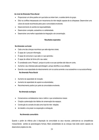 Ao nível da Dimensão Psico-Social
       Proporcionar um clima positivo em que todos se sintam bem, e aceites dentro do grupo.
       Diluir os conflitos interpessoais com mecanismos de inter relação capazes de os ultrapassar. Desenvolver uma
        cultura de escola reconhecida pelos pais e comunidade envolvente.
       Desenvolvimento do sentido de responsabilidade.
       Desenvolver a empatia, autoestima e a solidariedade.
       Desenvolver uma melhor capacidade de integração e de concentração.


                                                 Resultados esperados


    Na dimensão curricular
       Cada uma das crianças reconhece que sabe algumas coisas;
       É capaz de ir procurar informação;
       É capaz de comunicar o que sabe e o que aprendeu;
       É capaz de utilizar de forma útil o seu saber;
       É considerado como “Pessoa”, porque é ouvido e as suas opiniões são tidas em conta,
       Aumenta o seu interesse pela aprendizagem, porque identifica a sua utilidade;
       Exercita a sua capacidade de relacionamento com os outros aumente a sua autoestima e a sua autoconfiança
          Na dimensão Psico-Social


       Aumento da capacidade de inovação;
       Aumento da capacidade de superar as adversidades;
       Reconhecimento positivo por parte da comunidade envolvente.


          Na dimensão ecológica


       Conservamos e embelezamos mais e melhor o que consideramos nossos
       Criação e potenciação dos hábitos de conservação dos espaços;
       Construção do conceito de sala como local de inter- relações
       de trabalho e de prazer na cooperação e entreajuda


           Na dimensão comunitária


Quando o jardim de infância põe à disposição da comunidade os seus recursos, potenciam-se as competências
mútuas:Dando sentido às aprendizagens formais; Maior probabilidade de as crianças mais tarde serem capazes de
desenvolver projetos de vida.
                                                         39
 