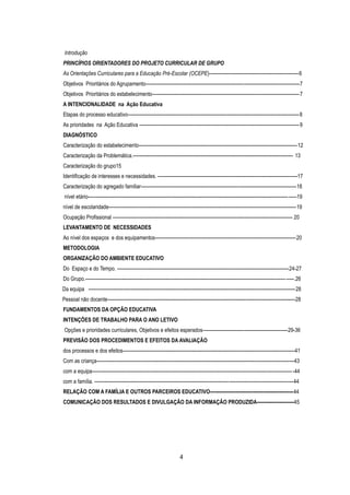 Introdução
PRINCÍPIOS ORIENTADORES DO PROJETO CURRICULAR DE GRUPO
As Orientações Curriculares para a Educação Pré-Escolar (OCEPE)--------------------------------------------------------6
Objetivos Prioritários do Agrupamento------------------------------------------------------------------------------------------------7
Objetivos Prioritários do estabelecimento--------------------------------------------------------------------------------------------7
A INTENCIONALIDADE na Ação Educativa
Etapas do processo educativo-----------------------------------------------------------------------------------------------------------8
As prioridades na Ação Educativa ----------------------------------------------------------------------------------------------------9
DIAGNÓSTICO
Caracterização do estabelecimento---------------------------------------------------------------------------------------------------12
Caracterização da Problemática.---------------------------------------------------------------------------------------------------- 13
Caracterização do grupo15
Identificação de interesses e necessidades. ---------------------------------------------------------------------------------------17
Caracterização do agregado familiar-------------------------------------------------------------------------------------------------18
 nível etário----------------------------------------------------------------------------------------------------------------------------- -----19
nível de escolaridade---------------------------------------------------------------------------------------------------------------------19
Ocupação Profissional ---------------------------------------------------------------------------------------------------------------- 20
LEVANTAMENTO DE NECESSIDADES
Ao nível dos espaços e dos equipamentos----------------------------------------------------------------------------------------20
METODOLOGIA
ORGANIZAÇÃO DO AMBIENTE EDUCATIVO
Do Espaço e do Tempo. -----------------------------------------------------------------------------------------------------------24-27
Do Grupo.----------------------------------------------------------------------------------------------------------------------------- -----.26
Da equipa ---------------------------------------------------------------------------------------------------------------------------------28
Pessoal não docente---------------------------------------------------------------------------------------------------------------------28
FUNDAMENTOS DA OPÇÃO EDUCATIVA
INTENÇÕES DE TRABALHO PARA O ANO LETIVO
 Opções e prioridades curriculares, Objetivos e efeitos esperados-----------------------------------------------------29-36
PREVISÃO DOS PROCEDIMENTOS E EFEITOS DA AVALIAÇÃO
dos processos e dos efeitos-----------------------------------------------------------------------------------------------------------41
Com as criança---------------------------------------------------------------------------------------------------------------------------43
com a equipa----------------------------------------------------------------------------------------------------------------------------- -44
com a família. ----------------------------------------------------------------------------------------------------------------------------44
RELAÇÃO COM A FAMÍLIA E OUTROS PARCEIROS EDUCATIVO----------------------------------------------------44
COMUNICAÇÃO DOS RESULTADOS E DIVULGAÇÃO DA INFORMAÇÃO PRODUZIDA-----------------------45




                                                                       4
 