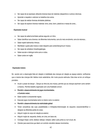     Ser capaz de se expressar utilizando diversos tipos de materiais (desperdício e outros) e técnicas.
         Aprender a respeitar e valorizar os trabalhos dos outros.
         Ser capaz de realizar diversas atividades plásticas.
         Ser capaz de explorar diversos materiais: terra, areia, barro, plasticina e massa de cores...


   Expressão musical


         Ser capaz de saltar/correr/bater palmas segundo um ritmo.
         Saber identificar sons diversos: de diferentes instrumentos, sons do meio envolvente, sons da natureza...
         Saber repetir batimentos rítmicos.
         Manifestar o gosto pela música e estar desperto para cantar/dançar/ouvir música.
         Ser capaz de verbalizar rimas/lengalengas.
         Saber escutar e distinguir entre sons e ruídos.
         Saber cantar em inglês




 Expressão motora


De acordo com a observação feita em relação à mobilidade das crianças em relação ao espaço exterior, verificamos
que a maioria das crianças têm hábitos muito sedentários, têm muito poucos estimulos. Esta área vai ter um enfoque
prioritário.
         Incutir o prazer de dançar -. Dançar ao ritmo de uma música, permite que as crianças exprimam como sentem
          a mesma;. Permite trabalho organizado com uma finalidade comum.
         Permitir o desenvolvimento de jogos movimentados.
          e Controlo motor;
         Saber aceitar e compreender regras;
         Executar jogos movimentados tanto no interior como no exterior.
         Permitir o desenvolvimento da motricidade global
         Tomar consciência das suas possibilidades e limitações;Interiorização do esquema corporal;Identificar e
          designar as diferentes partes do corpo;
         Adquirir noção do corpo em relação ao exterior;
         Adquirir noção de: esquerda, direita, em cima, em baixo etc.
         Conseguir trepar, correr, deslizar, baloiçar, rodopiar, saltar a pés juntos ou num só pé, etc.
         Orientar para exercícios que deem um controlo voluntário desses movimentos;

                                                             42
 