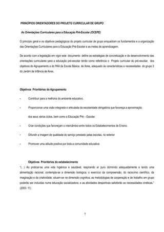 PRINCÍPIOS ORIENTADORES DO PROJETO CURRICULAR DE GRUPO

    As Orientações Curriculares para a Educação Pré-Escolar (OCEPE)

O princípio geral e os objetivos pedagógicos do projeto curricular de grupo enquadram os fundamentos e a organização
das Orientações Curriculares para a Educação Pré-Escolar e as metas de aprendizagem.

De acordo com a legislação em vigor este documento define as estratégias de concretização e de desenvolvimento das
orientações curriculares para a educação pré-escolar tendo como referência o Projeto curricular do pré-escolar, dos
objetivos do Agrupamento e do PAA da Escola Básica de Aires, adequado às características e necessidades do grupo 3
do Jardim de Infãncia de Aires.




Objetivos Prioritários do Agrupamento

•        Contribuir para a melhoria do ambiente educativo.

•        Proporcionar uma visão integrada e articulada da escolaridade obrigatória que favoreça a aproximação

         dos seus vários ciclos, bem como a Educação Pré – Escolar.

•        Criar condições que favoreçam o intercâmbio entre todos os Estabelecimentos de Ensino.

•        Difundir a imagem de qualidade do serviço prestado pelas escolas, no exterior

•        Promover uma atitude positiva por toda a comunidade educativa




         Objetivos Prioritários do estabelecimento
“(…) Ao praticar-se uma vida higiénica e saudável, respirando ar puro dormindo adequadamente e tendo uma
alimentação racional, contempla-se a dimensão biológica; o exercício da compreensão, do raciocínio científico, da
imaginação e da criatividade, situam-se na dimensão cognitiva; as metodologias de cooperação e de trabalho em grupo
poderão ser incluídas numa educação socializadora; e as atividades desportivas satisfarão as necessidades cinéticas.”
(2003: 11)




                                                             7
 