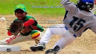 Hay en total 30 equipos en las dos ligas: 15 en la Liga Nacional y 15 en la Americana. Cada una
consta de tres divisiones, agrupadas por ubicación geográfica y nombradas como "Este", "Central" y
"Oeste".
Una temporada normalmente dura desde abril hasta septiembre. Cada equipo juega 162 partidos de
temporada regula
 