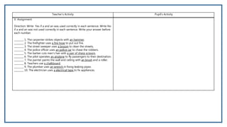 Teacher’s Activity Pupil’s Activity
V. Assignment
Direction: Write Yes if a and an was used correctly in each sentence. Wr...