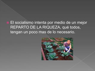 

El socialismo intenta por medio de un mejor
REPARTO DE LA RIQUEZA, qué todos,
tengan un poco mas de lo necesario.

 