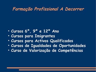 Formação Profissional A Decorrer Cursos 6º, 9º e 12º Ano Cursos para Imigrantes Cursos para Activos Qualificados Cursos de Igualdades de Oportunidades Curso de Valorização de Competências 