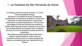 7- La Fortaleza de San Fernando de Omoa
La Fortaleza de San Fernando de Omoa. CC. En el
Flickr de Adalberto.H.Vega.
Ubicada en la localidad de Omoa corresponde
posiblemente a la estructura de defensa colonial más
importante de toda Centroamérica, una enorme
construcción en piedra terminada en 1775 con el fin
de proteger el norte de Honduras de corsarios y
piratas. Hacia fines de la época colonial y con el inicio
de la independencia fue ocupada como un lúgubre
presidio, al cual se le atribuyen terribles torturas de
prisioneros.
Hoy sobrevive prácticamente toda la estructura
original, siendo posible de visitar tanto sus
numerosos recintos como un museo contiguo que
relata los acontecimientos más importantes de su
historia.
 