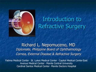 Introduction to Refractive Surgery Richard L. Nepomuceno, MD Diplomate, Philippine Board of Ophthalmology Cornea, External Disease & Refractive Surgery Fatima Medical Center  .  St. Lukes Medical Center  .  Capitol Medical Center   East Avenue Medical Center  .  Manila Central University Cardinal Santos Medical Center  .  Manila Doctors Hospital 