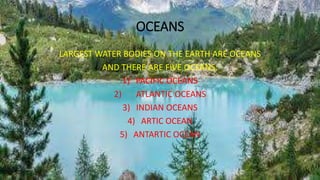OCEANS
LARGEST WATER BODIES ON THE EARTH ARE OCEANS
AND THERE ARE FIVE OCEANS:
1) PACIFIC OCEANS
2) ATLANTIC OCEANS
3) INDIAN OCEANS
4) ARTIC OCEAN
5) ANTARTIC OCEAN
 