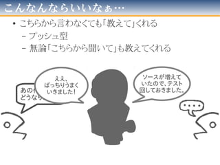 こんなんならいいなぁ…
• 自分からプロジェクトの空気を読んでくれる
– 勝手に「増えたプログラム」を認識する
– 何も言わなくてもテスト回しといてくれる
テスト、
回しておきました。
ソースが追加
されているな…
 