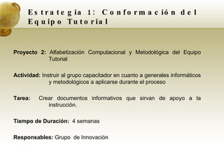 Estrategia 1:  Conformación del Equipo Tutorial Proyecto 2:  Alfabetización Computacional y Metodológica del Equipo Tutorial Actividad:  Instruir al grupo capacitador en cuanto a generales informáticos y metodológicos a aplicarse durante el proceso Tarea:  Crear documentos informativos que sirvan de apoyo a la instrucción. Tiempo de Duración:  4 semanas Responsables:  Grupo  de Innovación 