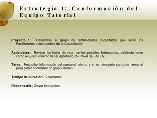 Estrategia 1:  Conformación del Equipo Tutorial Proyecto 1:  Determinar el grupo de profesionales capacitados que serán los Facilitadores o instructores de la Capacitación Actividades:  Revisar las hojas de vida  de los posibles Instructores, debiendo tener como requisito mínimo haber aprobado 5to. Nivel de FATLA Tarea:  Recopilar información del personal interno y si es necesario contratar personal para poder conformar un grupo idóneo. Tiempo de duración:  2 semanas Responsable:  Grupo Innovación  