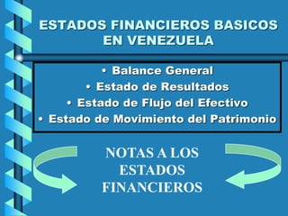 ESTADOS FINANCIEROS BASICOS
EN VENEZUELA
• Balance General
• Estado de Resultados
• Estado de Flujo del Efectivo
• Estado de Movimiento del Patrimonio
NOTAS A LOS
ESTADOS
FINANCIEROS
 