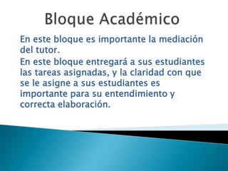 Bloque AcadémicoEn este bloque es importante la mediación del tutor.En este bloque entregará a sus estudiantes las tareas asignadas, y la claridad con que se le asigne a sus estudiantes es importante para su entendimiento y correcta elaboración.