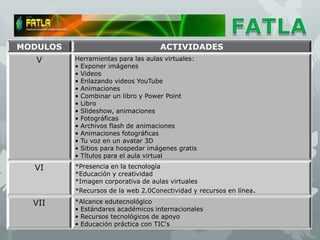 MODULOS                             ACTIVIDADES
   V      Herramientas para las aulas virtuales:
          • Exponer imágenes
          • Videos
          • Enlazando videos YouTube
          • Animaciones
          • Combinar un libro y Power Point
          • Libro
          • Slideshow, animaciones
          • Fotográficas
          • Archivos flash de animaciones
          • Animaciones fotográficas
          • Tu voz en un avatar 3D
          • Sitios para hospedar imágenes gratis
          • Títulos para el aula virtual
  VI      *Presencia en la tecnología
          *Educación y creatividad
          *Imagen corporativa de aulas virtuales
          *Recursos de la web 2.0Conectividad y recursos en línea.

  VII     *Alcance edutecnológico
          • Estándares académicos internacionales
          • Recursos tecnológicos de apoyo
          • Educación práctica con TIC's
 