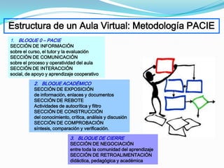 Estructura de un Aula Virtual: Metodología PACIE
1. BLOQUE 0 – PACIE
SECCIÓN DE INFORMACIÓN
sobre el curso, el tutor y la evaluación
SECCIÓN DE COMUNICACIÓN
sobre el proceso y operatividad del aula
SECCIÓN DE INTERACCIÓN
social, de apoyo y aprendizaje cooperativo

           2. BLOQUE ACADÉMICO
           SECCIÓN DE EXPOSICIÓN
           de información, enlaces y documentos
           SECCIÓN DE REBOTE
           Actividades de autocrítica y filtro
           SECCIÓN DE CONSTRUCCIÓN
           del conocimiento, crítica, análisis y discusión
           SECCIÓN DE COMPROBACIÓN
           síntesis, comparación y verificación.

                             3. BLOQUE DE CIERRE
                             SECCIÓN DE NEGOCIACIÓN
                             entre toda la comunidad del aprendizaje
                             SECCIÓN DE RETROALIMENTACIÓN
                             didáctica, pedagógica y académica
 
