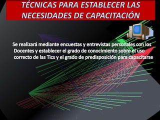TÉCNICAS PARA ESTABLECER LAS NECESIDADES DE CAPACITACIÓN    Se realizará mediante encuestas y entrevistas personales con los Docentes y establecer el grado de conocimiento sobre el uso correcto de las Tics y el grado de predisposición para capacitarse