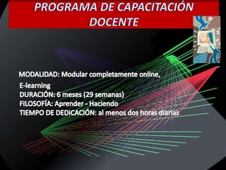 PROGRAMA DE CAPACITACIÓN DOCENTEMODALIDAD: Modular completamente online,       E-learningDURACIÓN: 6 meses (29 semanas)FILOSOFÍA: Aprender - HaciendoTIEMPO DE DEDICACIÓN: al menos dos horas diarias
