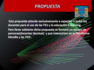 PROPUESTA Esta propuesta atiende exclusivamente a capacitar a todos los docentes para el uso de las TICs y la educación E-learning.     Para llevar adelante dicha propuesta se formará un equipo de personas(docentes técnicos)  y que interactúen en la Plataforma Moodle y las TICS . 
