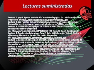 Lecturas suministradasLectura 1. ¿Qué Aporta Internet Al Cambio Pedagógico En La Educación Básica? Disponible en:http://tecnologiaedu.us.es/bibliovir/pdf/a12.pdfLectura 2. Las Fuentes Del Aprendizaje En Ambientes Virtuales Educativos Disponible en:http://www.rieoei.org/deloslectores/352Herrera.PDFLectura 3. Utilización pedagógica de la Educación a Distancia con las TIC en la Educación Superior Disponible en: http://www.ateneonline.net/datos/69_03_Rosario_Leon_Robaina.pdfLectura 4. Tendencias Educativas Para El Siglo XXI Educación Virtual, Online Y @Learning Elementos Para La Discusión. Disponible en: http://edutec.rediris.es/Revelec2/revelec15/cardona.pdfLectura 5. Consideraciones para el diseño didáctico de ambientes virtuales de aprendizaje: una propuesta basada en las funciones cognitivas del aprendizaje. Disponible en:http://www.rieoei.org/deloslectores/1326Herrera.pdfLectura 6. Producción de contenidos para la Educación Virtual. Disponible en:http://www.virtualeduca.org/documentos/manual_del_contenidista.pdfLectura 7. Estrategias Didácticas Creativas En Entornos Virtuales Para El Aprendizaje. Disponible en:http://revista.inie.ucr.ac.cr/articulos/2-2009/archivos/virtuales.pdf