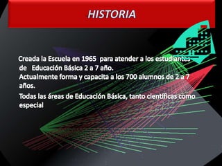 HISTORIACreada la Escuela en 1965  para atender a los estudiantes de   Educación Básica 2 a 7 año.Actualmente forma y capacita a los 700 alumnos de 2 a 7 años.     Todas las áreas de Educación Básica, tanto científicas como especial