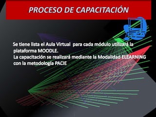 PROCESO DE CAPACITACIÓNSe tiene lista el Aula Virtual  para cada módulo utilizará la plataforma MOODLE.La capacitación se realizará mediante la Modalidad ELEARNING con la metodología PACIE