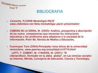    Camacho, P.(2008) Meotología PACIE
    www.slideshare.net/fatla/metodologa-pacie-presentation

   CEBRIÁN DE LA SERNA, M. (2003): Análisis, prospectiva y descripción
    de las nueva competencias que necesitan las instiuciones
    educativas y los profesores para adaptarse a la sociedad de la
    información. Pixel-Bit. Revista de Medios y Educación,

   Fuenmayor Toro (2004).Principales retos éticos de la universidad
    venezolana. www.aporrea.org/actualidad/a10716.html
      LUFTI, T. GISBERT, M. I FANDOS, M. (2001): “El
    ciberprofesor, formador en la aldea global”, en Las ciencias sociales
    en Internet, Mérida, Consejería de Educación, Ciencia y Tecnología,
 