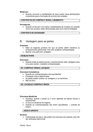 Daniely Raysa
Bilaterais:
 Quando concorre a manifestação de duas partes (duas declarações)
consentindo para a formação do encontro de vontades.
CONTRATOS DE COMPRAE VENDA, CASAMENTO
Plurilaterais:
 Quando se formam com várias manifestações de vontade em paralelo
como nos acordos, todas direcionadas para uma mesma finalidade.
CONTRATO DE SOCIEDADE
B. Vantagem para as partes
Gratuitos:
 Sãos os negócios jurídicos em que as partes obtêm benefício ou
enriquecimento patrimonial, mas sem qualquer contraprestação.
 Apenas uma parte tem vantagem.
DOAÇÃO PURA
Onerosos:
 Quando todas as partes buscam,reciprocamente,obter vantagens para
si ou para outrem, mediante contraprestação.
EX. COMPRAE VENDA, LOCAÇÃO
Onerosos Comutativos:
 Quando as contraprestações são equivalentes.
 Prestação certa e determinada.
 As partes podem antever as vantagens e os sacrifícios.
 Não há risco
EX. LOCAÇÃO COMPRAE VENDA
Onerosos Aleatórios
 Incerteza, quando a perda ou o lucro depende de fatores futuros e
imprevisíveis.
 O risco é a essência do negócio.
 Quando as contraprestações não forem equivalentes – contrato de
seguro.
JOGO E APOSTA
Neutros:
 A destinação dos bens, não podem ser onerosas nem gratuito, pois não
tem atribuição patrimonial.
 