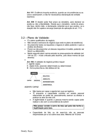 Daniely Raysa
Art. 111. O silêncio importa anuência, quando as circunstâncias ou os
usos o autorizarem, e não for necessária a declaração de vontade
expressa.
Art. 539. O doador pode fixar prazo ao donatário, para declarar se
aceita ou não a liberalidade. Desde que o donatário, ciente do prazo,
não faça, dentro dele, a declaração, entender-se-á que aceitou, se a
doação não for sujeita a encargo (exemplo de aplicação do art. 111).
3.2 – Plano de Validade:
 É o plano qualificativo do negócio.
 Não estuda a estrutura do negócio (que está no plano de existência).
 Se preencher todos os requisitos o negocio é valido podendo ir para a
analise de eficácia.
 Porem se não preencher um desses requisitos é invalido, podendo ser
NULO ou ANULAVEL.
 Neste segundo plano vamos estudar os pressupostos de validade (art.
104 do CC – muito criticado pela doutrina, pois disse menos do que
deveria):

Art. 104. A validade do negócio jurídico requer:
I - agente capaz;
II - objeto lícito, possível, determinado ou determinável;
III - forma prescrita ou não defesa em lei.
AGENTE CAPAZ:
 Não basta ser capaz o agente tem que ser legitimo.
 “É enquanto a capacidade constitui um estado pessoal
relacionado ao poder de, pessoalmente, exercer os direitos e
praticar os atos da vida civil.
 A legitimidade é quando a pessoa mesmo sendo capaz pode
realizar o ato sem a concordância de outrem
Não posso vender o carro do meu pai pois não tenho a
legitimação para isso.
 Capacidade de fato ou de exercício são as pessoas
responsáveis por si só sobre seus atos. Maiores de 18 anos
 