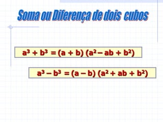a3 + b3 = (a + b) (a2 – ab + b2)

    a3 – b3 = (a – b) (a2 + ab + b2)
 