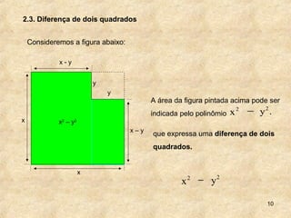 10
2.3. Diferença de dois quadrados
Consideremos a figura abaixo:
x - y
y
y
x
x
x2
– y2
x – y
que expressa uma diferença de dois
quadrados.
2
x
2
y−
A área da figura pintada acima pode ser
indicada pelo polinômio
2
x
2
y .−
 