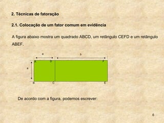 6
2. Técnicas de fatoração
2.1. Colocação de um fator comum em evidência
A figura abaixo mostra um quadrado ABCD, um retângulo CEFD e um retângulo
ABEF.
a b
A
C EB
D F
a
De acordo com a figura, podemos escrever:
 