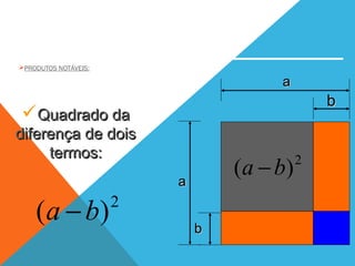 PRODUTOS NOTÁVEIS:
Quadrado daQuadrado da
diferença de doisdiferença de dois
termos:termos:
bb
aa
bb
aa
2
)( ba −
2
)( ba −
 