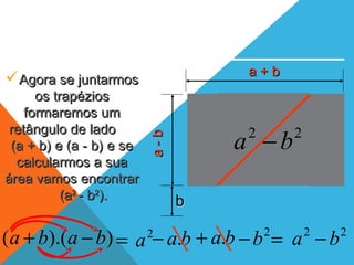 ba.+ba.−
Agora se juntarmosAgora se juntarmos
os trapéziosos trapézios
formaremos umformaremos um
retângulo de ladoretângulo de lado
(a + b) e (a - b) e se(a + b) e (a - b) e se
calcularmos a suacalcularmos a sua
área vamos encontrarárea vamos encontrar
(a(a22
- b- b22
).).
a + ba + b
a-ba-b
)).(( baba −+ 2
a= = 22
ba −
bb
2
b−
22
ba −
 
