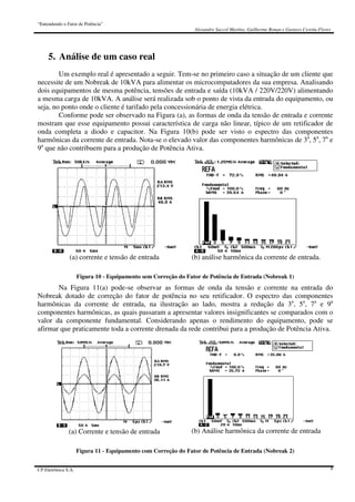 “Entendendo o Fator de Potência”
Alexandre Saccol Martins, Guilherme Bonan e Gustavo Ceretta Flores
CP Eletrônica S.A. 8
5. Análise de um caso real
Um exemplo real é apresentado a seguir. Tem-se no primeiro caso a situação de um cliente que
necessite de um Nobreak de 10kVA para alimentar os microcomputadores da sua empresa. Analisando
dois equipamentos de mesma potência, tensões de entrada e saída (10kVA / 220V/220V) alimentando
a mesma carga de 10kVA. A análise será realizada sob o ponto de vista da entrada do equipamento, ou
seja, no ponto onde o cliente é tarifado pela concessionária de energia elétrica.
Conforme pode ser observado na Figura (a), as formas de onda da tensão de entrada e corrente
mostram que esse equipamento possui característica de carga não linear, típico de um retificador de
onda completa a diodo e capacitor. Na Figura 10(b) pode ser visto o espectro das componentes
harmônicas da corrente de entrada. Nota-se o elevado valor das componentes harmônicas de 3a
, 5a
, 7a
e
9a
que não contribuem para a produção de Potência Ativa.
(a) corrente e tensão de entrada (b) análise harmônica da corrente de entrada.
Figura 10 - Equipamento sem Correção do Fator de Potência de Entrada (Nobreak 1)
Na Figura 11(a) pode-se observar as formas de onda da tensão e corrente na entrada do
Nobreak dotado de correção do fator de potência no seu retificador. O espectro das componentes
harmônicas da corrente de entrada, na ilustração ao lado, mostra a redução da 3a
, 5a
, 7a
e 9a
componentes harmônicas, as quais passaram a apresentar valores insignificantes se comparados com o
valor da componente fundamental. Considerando apenas o rendimento do equipamento, pode se
afirmar que praticamente toda a corrente drenada da rede contribui para a produção de Potência Ativa.
(a) Corrente e tensão de entrada (b) Análise harmônica da corrente de entrada
Figura 11 - Equipamento com Correção do Fator de Potência de Entrada (Nobreak 2)
 