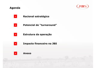 Agenda


  1      Racional estratégico


  2      Potencial de “turnaround”



  3      Estrutura da operação


  4      Impacto financeiro na JBS



   5     Anexo




                                     2
 