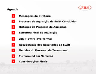 Agenda

   1     Mensagem da Diretoria

  2      Processo de Aquisição da Swift Concluído!

  3      Histórico do Processo de Aquisição

  4      Estrutura Final de Aquisição

   5     JBS + Swift (Pro-forma)

   6     Recuperação dos Resultados da Swift

  7      Medidas do Processo de Turnaround

   8     Turnaround em Números

   9     Considerações Finais


                                                     2
 
