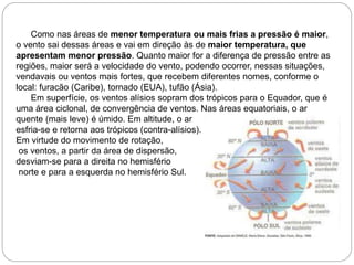 Como nas áreas de menor temperatura ou mais frias a pressão é maior,
o vento sai dessas áreas e vai em direção às de maior temperatura, que
apresentam menor pressão. Quanto maior for a diferença de pressão entre as
regiões, maior será a velocidade do vento, podendo ocorrer, nessas situações,
vendavais ou ventos mais fortes, que recebem diferentes nomes, conforme o
local: furacão (Caribe), tornado (EUA), tufão (Ásia).
Em superfície, os ventos alísios sopram dos trópicos para o Equador, que é
uma área ciclonal, de convergência de ventos. Nas áreas equatoriais, o ar
quente (mais leve) é úmido. Em altitude, o ar
esfria-se e retorna aos trópicos (contra-alísios).
Em virtude do movimento de rotação,
os ventos, a partir da área de dispersão,
desviam-se para a direita no hemisfério
norte e para a esquerda no hemisfério Sul.
 