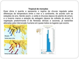 Tropical de monções
Esse clima é quente e apresenta o regime de chuvas regulado pelas
diferenças de temperatura entre o mar e o continente, de acordo com as
estações do ano. Sendo assim, o verão é chuvoso (época do plantio de arroz),
e o inverno marca a estação de estiagem (época da colheita do arroz). A
vegetação predominante é de florestas densas e savanas, já bastantes
alteradas pela intervenção humana em quase todos os lugares que ocorre.
 