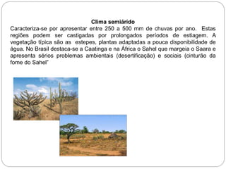 Clima semiárido
Caracteriza-se por apresentar entre 250 a 500 mm de chuvas por ano. Estas
regiões podem ser castigadas por prolongados períodos de estiagem. A
vegetação típica são as estepes, plantas adaptadas a pouca disponibilidade de
água. No Brasil destaca-se a Caatinga e na África o Sahel que margeia o Saara e
apresenta sérios problemas ambientais (desertificação) e sociais (cinturão da
fome do Sahel”
 