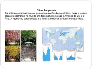Clima Temperado
Caracteriza-se por apresentar as quatro estações bem definidas. Suas principais
áreas de ocorrência no mundo em desenvolvimento são a América do Sul e a
Ásia. A vegetação característica é a floresta de folhas caducas ou caducifólia.
 