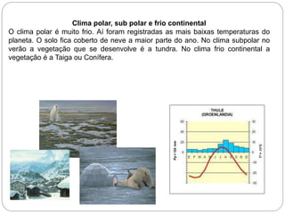 Clima polar, sub polar e frio continental
O clima polar é muito frio. Aí foram registradas as mais baixas temperaturas do
planeta. O solo fica coberto de neve a maior parte do ano. No clima subpolar no
verão a vegetação que se desenvolve é a tundra. No clima frio continental a
vegetação é a Taiga ou Conífera.
 