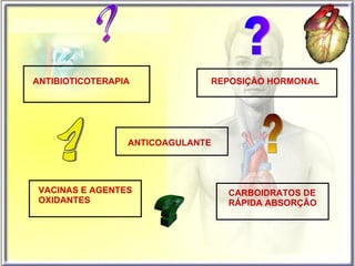 ? ? ? ? ? ANTIBIOTICOTERAPIA REPOSIÇÃO HORMONAL ANTICOAGULANTE VACINAS E AGENTES OXIDANTES CARBOIDRATOS DE RÁPIDA ABSORÇÃO 