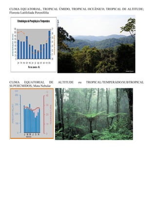CLIMA EQUATORIAL, TROPICAL ÚMIDO, TROPICAL OCEÂNICO, TROPICAL DE ALTITUDE;
Floresta Latifoliada Perenifólia




CLIMA EQUATORIAL DE         ALTITUDE   ou   TROPICAL/TEMPERADO/SUBTROPICAL
SUPERÚMIDOS; Mata Nebular
 