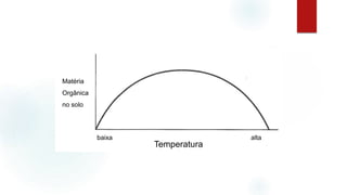 baixa alta
Temperatura
Matéria
Orgânica
no solo
 