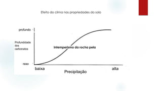 Efeito do clima nas propriedades do solo
Intemperismo da rocha pela
 