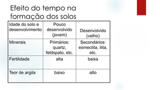 Efeito do tempo na
formação dos solos
Idade do solo e
desenvolvimento
Pouco
desenvolvido
(jovem)
Desenvolvido
(velho)
Minerais Primários:
quartz,
feldspato, etc.
Secondários:
esmectita, ilita,
etc.
Fertilidade alta baixa
Teor de argila baixo alto
 