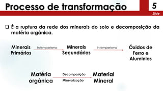 5
Slide
Processo de transformação
 É a ruptura da rede dos minerais do solo e decomposição da
matéria orgânica.
Minerais
Primários
Minerais
Secundários
Óxidos de
Ferro e
Aluminios
Intemperismo Intemperismo
Matéria
orgânica
Material
Mineral
Decomposição
Mineralização
 