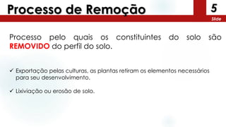 5
Slide
Processo de Remoção
Processo pelo quais os constituintes do solo são
REMOVIDO do perfil do solo.
 Exportação pelas culturas, as plantas retiram os elementos necessários
para seu desenvolvimento.
 Lixiviação ou erosão de solo.
 