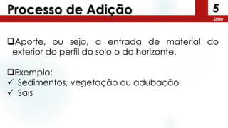 5
Slide
Processo de Adição
Aporte, ou seja, a entrada de material do
exterior do perfil do solo o do horizonte.
Exemplo:
 Sedimentos, vegetação ou adubação
 Sais
 